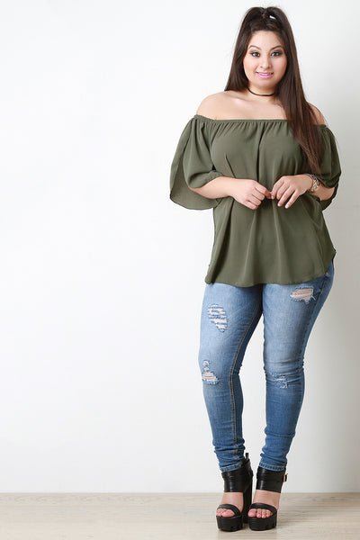 Off The Shoulder Slit Sleeves Textured Top