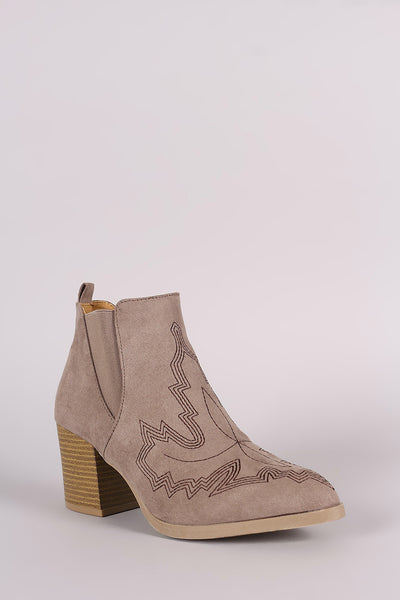 Qupid Embroidered Chunky Heeled Western Booties