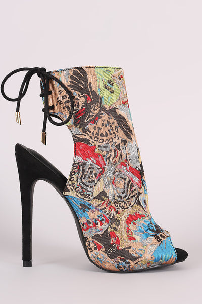 Embroidered Peep Toe Back Lace Up Stiletto Mule Booties