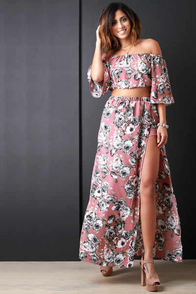 Textured Floral Print High Slit Maxi Skirt