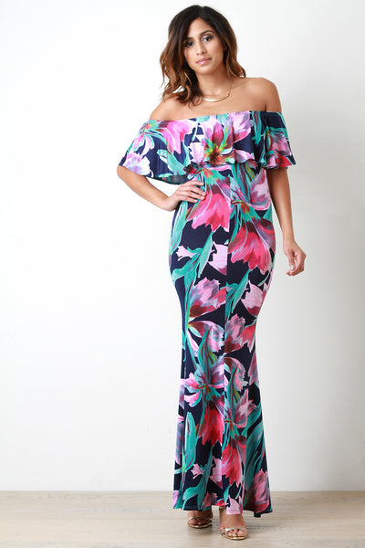 Tropical Flower Off The Shoulder Maxi Dress