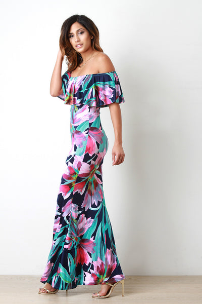 Tropical Flower Off The Shoulder Maxi Dress