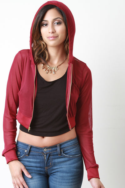 Semi-Sheer Mesh Hooded Crop Jacket