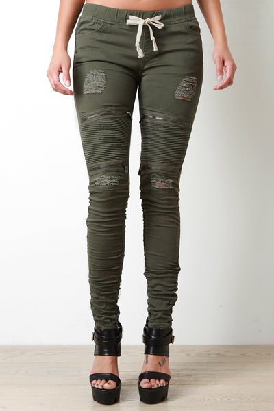 Distressed Moto Style Zip Knee Pants