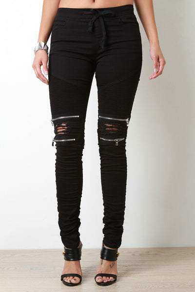 Drawstring Waist Edgy Distressed Moto Jeans