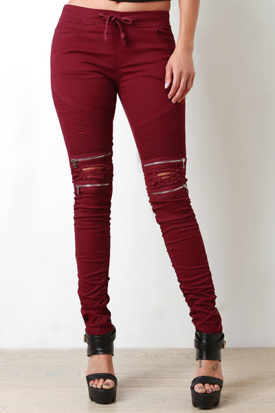 Drawstring Waist Edgy Distressed Moto Jeans