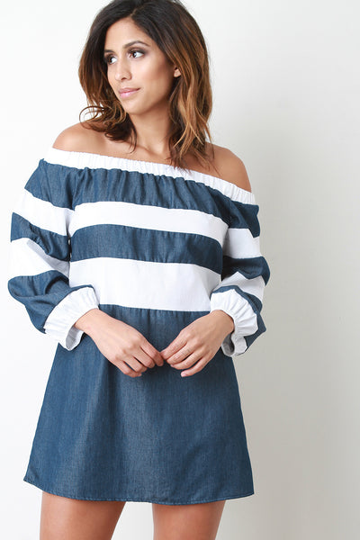 Stripe Long Sleeves Off-The-Shoulder Shift Dress