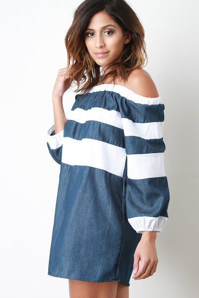 Stripe Long Sleeves Off-The-Shoulder Shift Dress