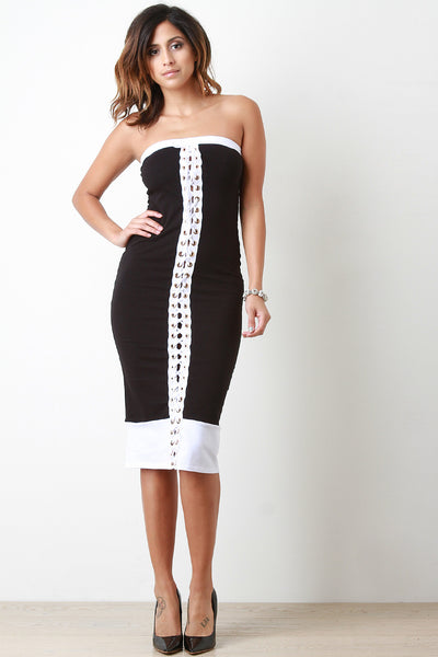 Grommets Corset Lace Up Strapless Midi Dress