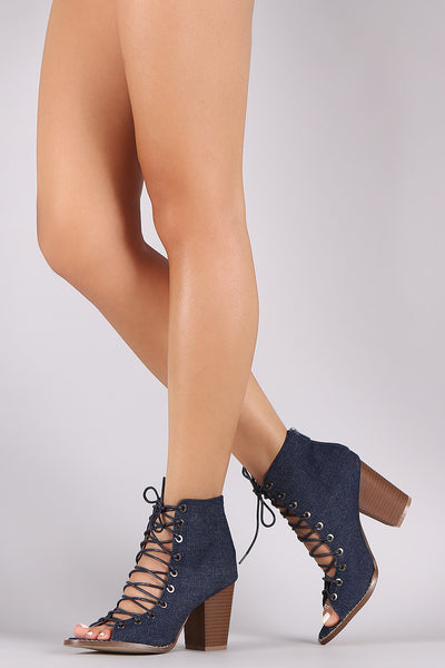 Denim Corset Lace Up Open Toe Booties