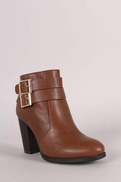 Bamboo Double Buckle Strap Chunky Heeled Ankle Boots