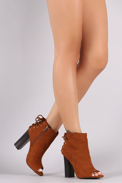 Bamboo Suede Peep Toe Back Lace-Up Booties