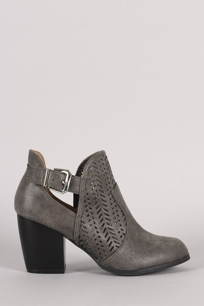 Qupid Perforated Buckle Distressed Chunky Heeled Booties