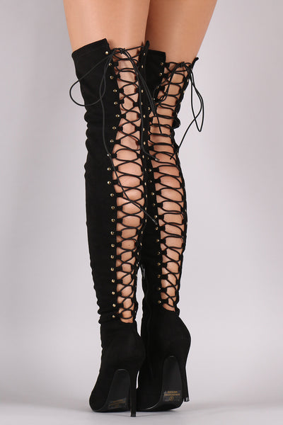 Suede Back Studded Lace Up Pointy Toe Boots