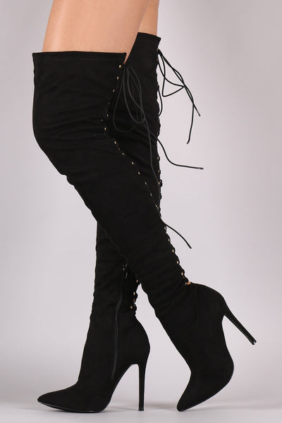 Suede Back Studded Lace Up Pointy Toe Boots