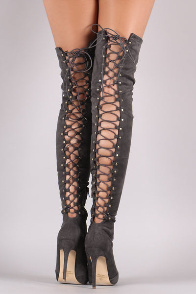 Suede Back Studded Lace Up Pointy Toe Boots