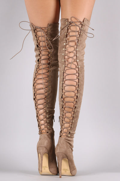 Suede Back Studded Lace Up Pointy Toe Boots