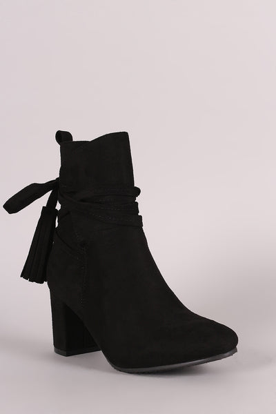 Suede Slit Tassel Lace Wrap Block Heeled Booties