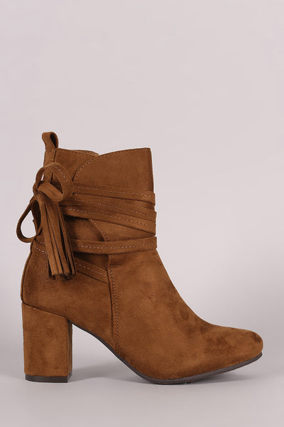 Suede Slit Tassel Lace Wrap Block Heeled Booties