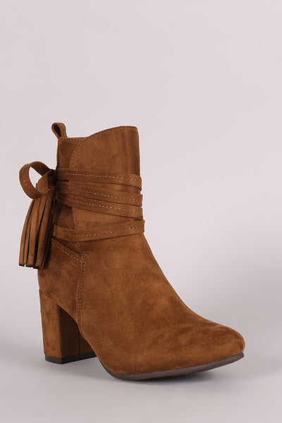 Suede Slit Tassel Lace Wrap Block Heeled Booties