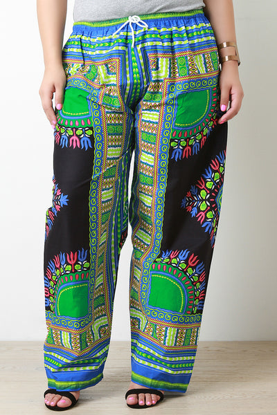 African Print Wide Leg Drawstring Pants