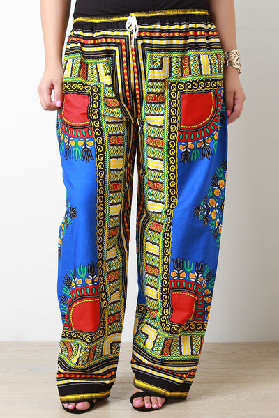 African Print Wide Leg Drawstring Pants