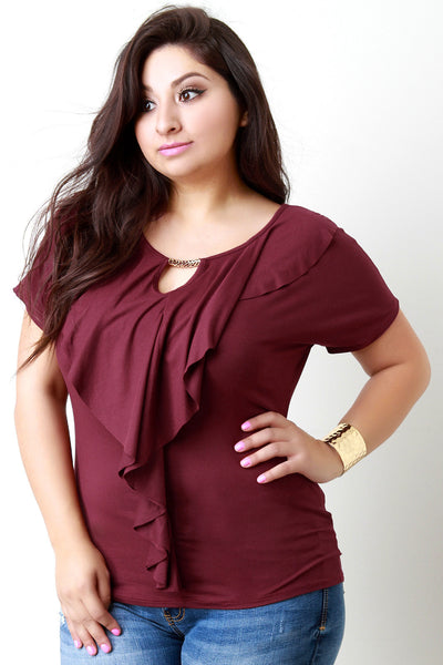 Ruffle and Gold Accent Keyhole Shortsleeve Top