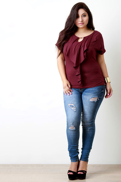 Ruffle and Gold Accent Keyhole Shortsleeve Top