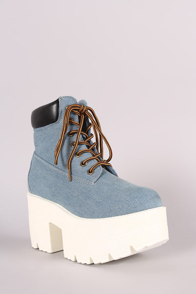 Shoe Republic LA Denim Lug Sole Chunky Platform Booties