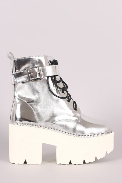 Shoe Republic LA Buckle Lace Up Lug Sole Metallic Chunky Platform Booties