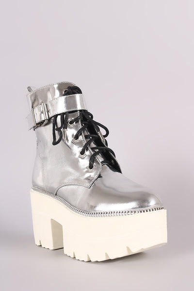 Shoe Republic LA Buckle Lace Up Lug Sole Metallic Chunky Platform Booties