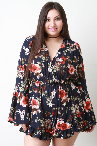 Floral Print Bell Sleeve Surplice Romper