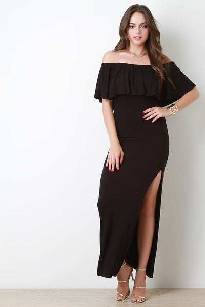 Flutter Bardot Side Slit Maxi Dress