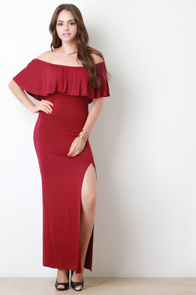 Flutter Bardot Side Slit Maxi Dress