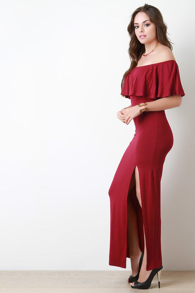 Flutter Bardot Side Slit Maxi Dress