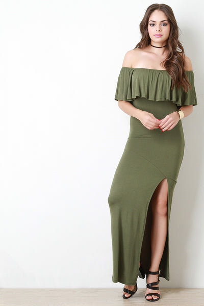 Flutter Bardot Side Slit Maxi Dress