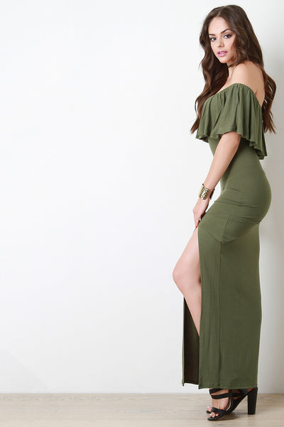 Flutter Bardot Side Slit Maxi Dress