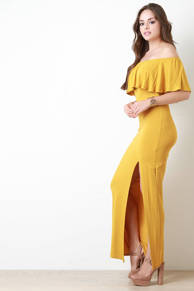 Flutter Bardot Side Slit Maxi Dress