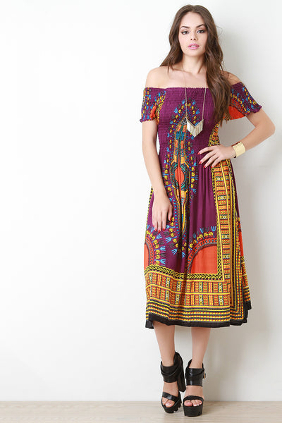 Off The Shoulder Dashiki Print Smocked Midi Dress