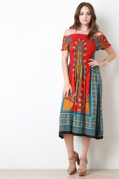 Off The Shoulder Dashiki Print Smocked Midi Dress