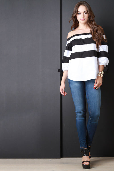 Off The Shoulder Stripe Bow Cuff Blouse