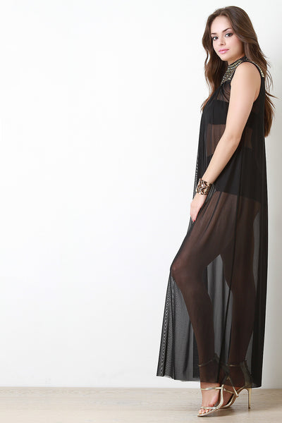 Chiffon Studded Yoke Cover Up Maxi Dress