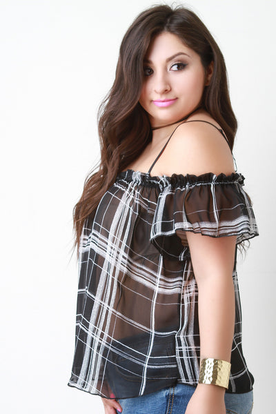 Plaid Cold Shoulder Sheer Blouse