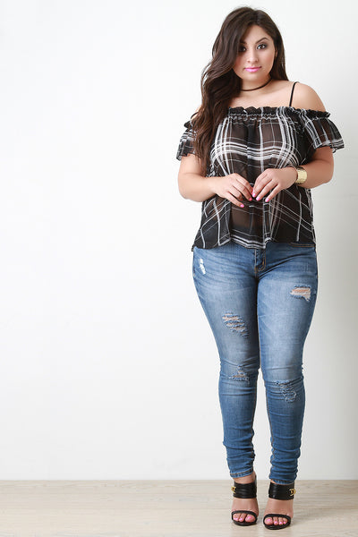 Plaid Cold Shoulder Sheer Blouse