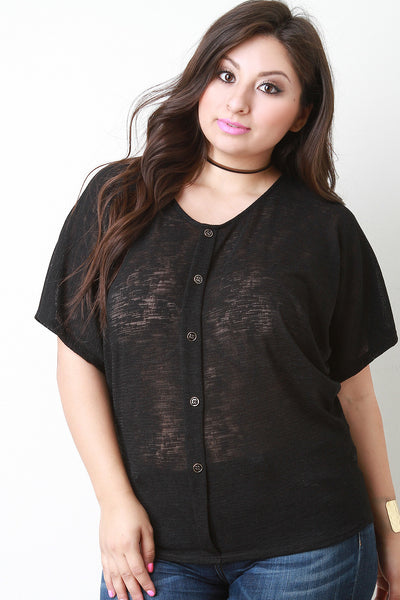 Semi-Sheer Knit Faux Button Top