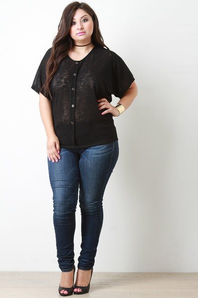 Semi-Sheer Knit Faux Button Top