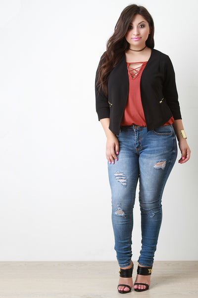 Textured Knit Zipper Accent Blazer