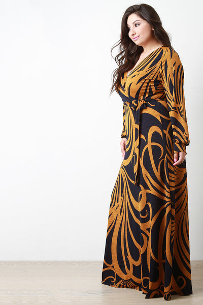 Abstract Curve Lines Surplice Longsleeve Maxi Dress