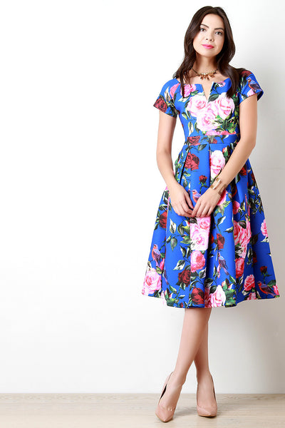 Neoprene Boat Neck Pleated Rosette Dress