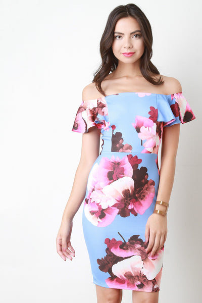 Floral Print Ruffle Sleeves Bardot Dress